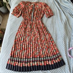 VTG Lady Carol Red Floral Print Pleated Short Sleeve Midi Dress Sz 14